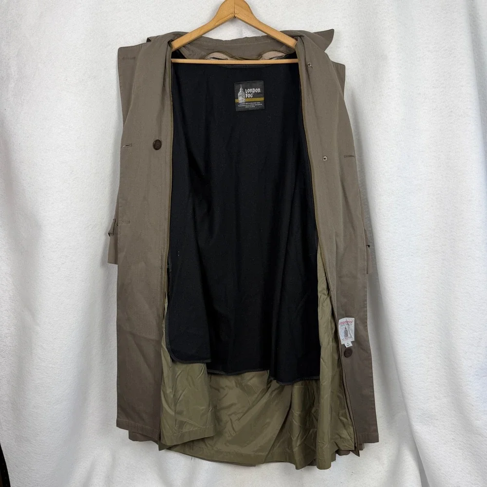 London Fog Trench Coat Womens 8 Petite Double Breasted Belted Olive Green